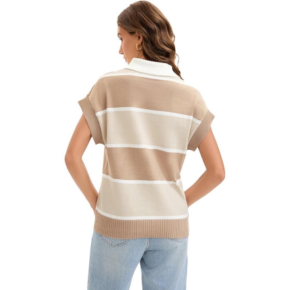 Women's Striped Knit Sweater Vest Polyester V Neck Cap Sleeve Casual - Picture 4 of 6